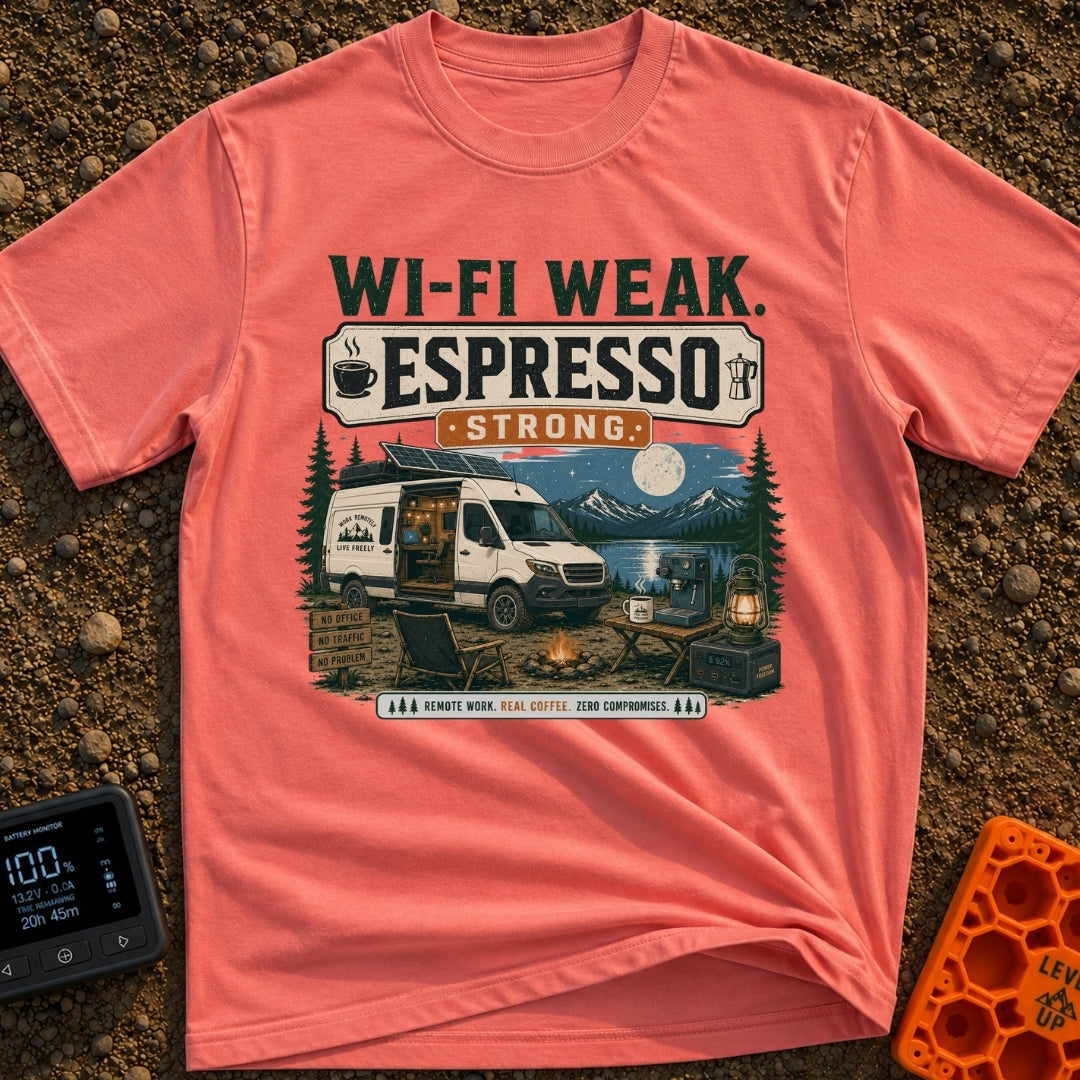 Low Signal High Caffeine - T-Shirt in Watermelon - A white camper van with solar panels on its roof is parked at a...