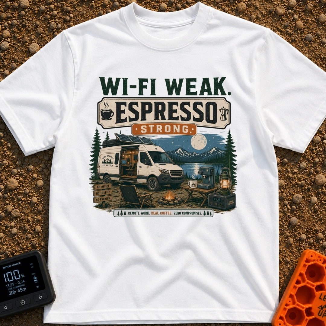 Low Signal High Caffeine - T-Shirt in White - A white camper van with solar panels on its roof is parked at a nighttime...