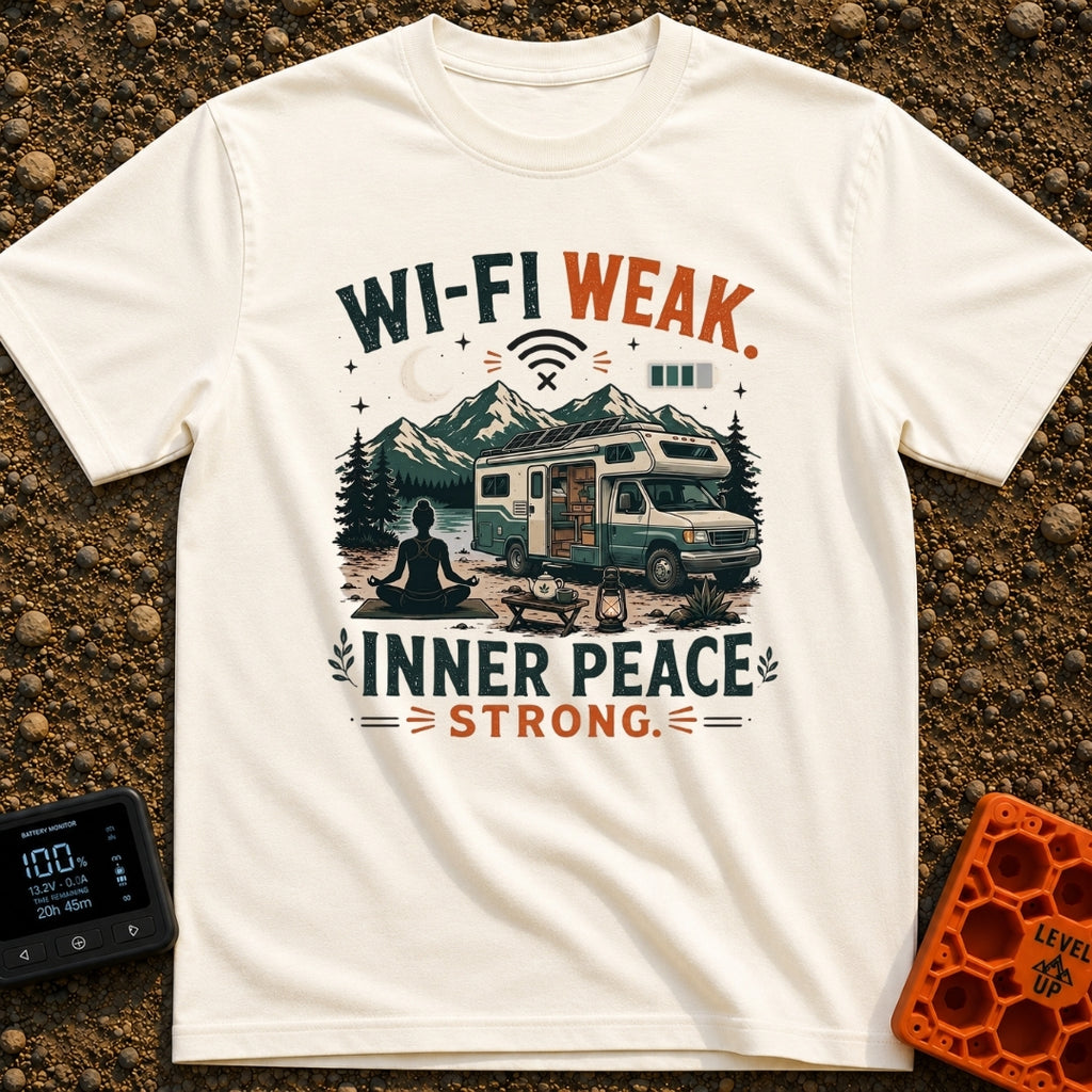Low Bars High Zen - T-Shirt in Ivory - A silhouette of a woman meditating on a mat in front of an RV parked in a mountain...