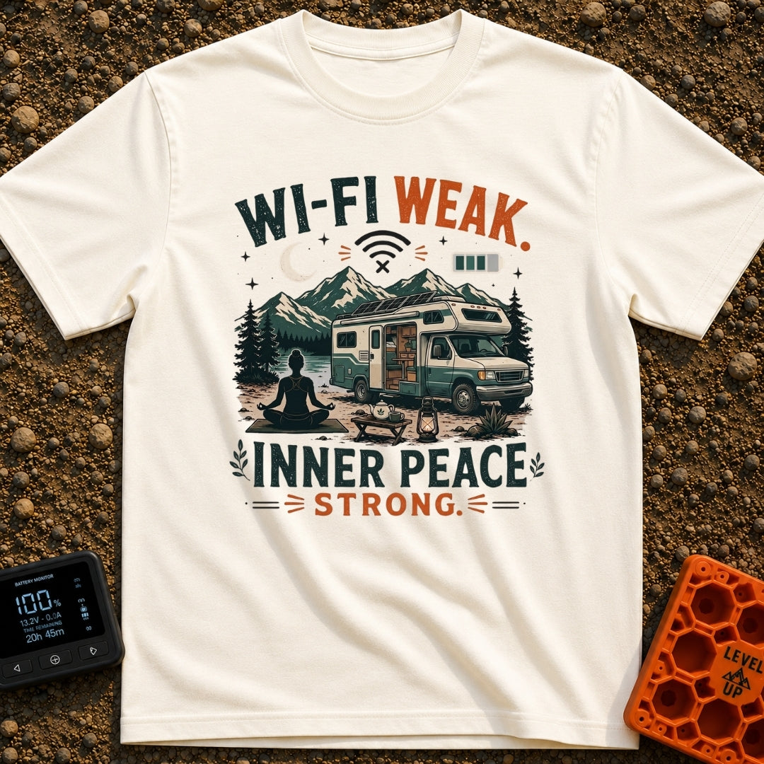 Low Bars High Zen - T-Shirt in Ivory - A silhouette of a woman meditating on a mat in front of an RV parked in a mountain...
