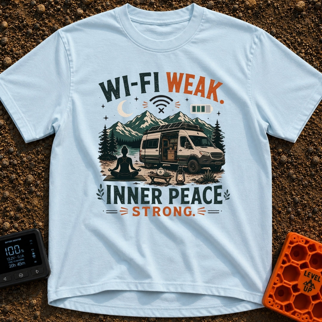 Low Signal High Zen - T-Shirt in Chambray - A silhouette of a woman meditating on a mat in front of a camper van with...