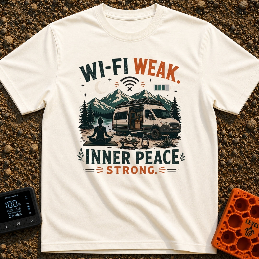 Low Signal High Zen - T-Shirt in Ivory - A silhouette of a woman meditating on a mat in front of a camper van with...