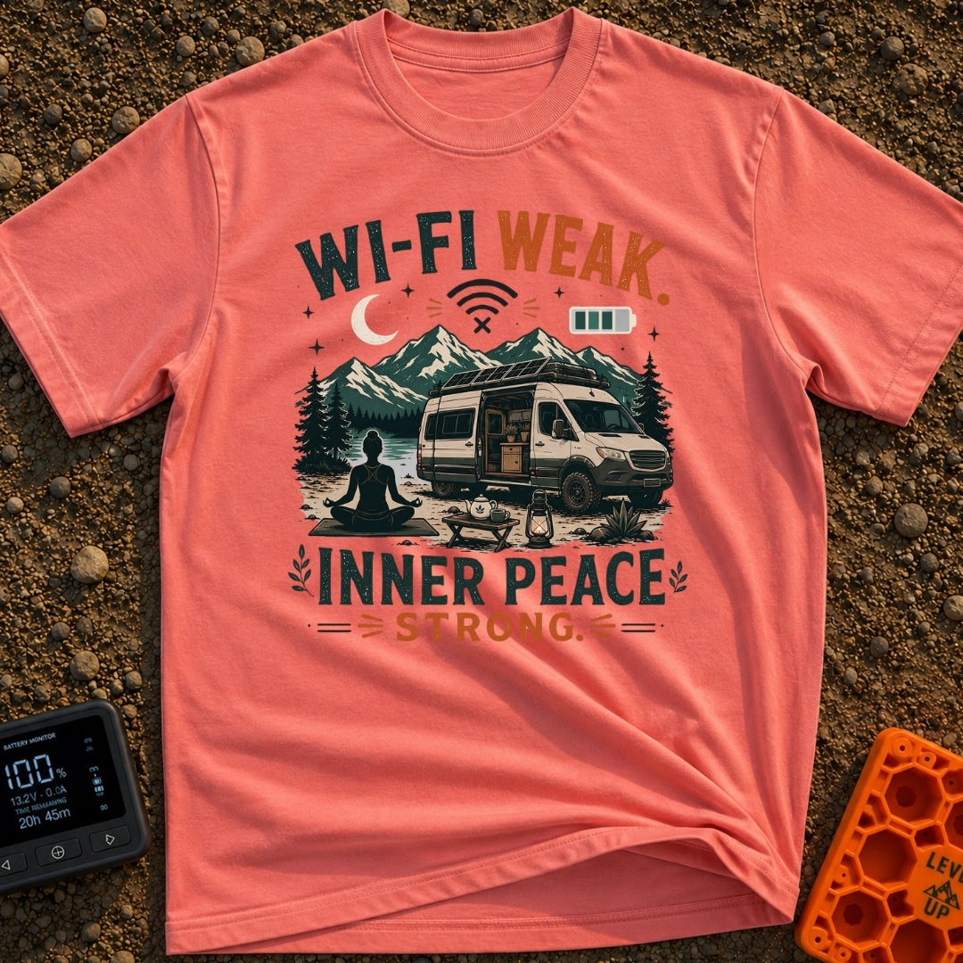 Low Signal High Zen - T-Shirt in Watermelon - A silhouette of a woman meditating on a mat in front of a camper van with...