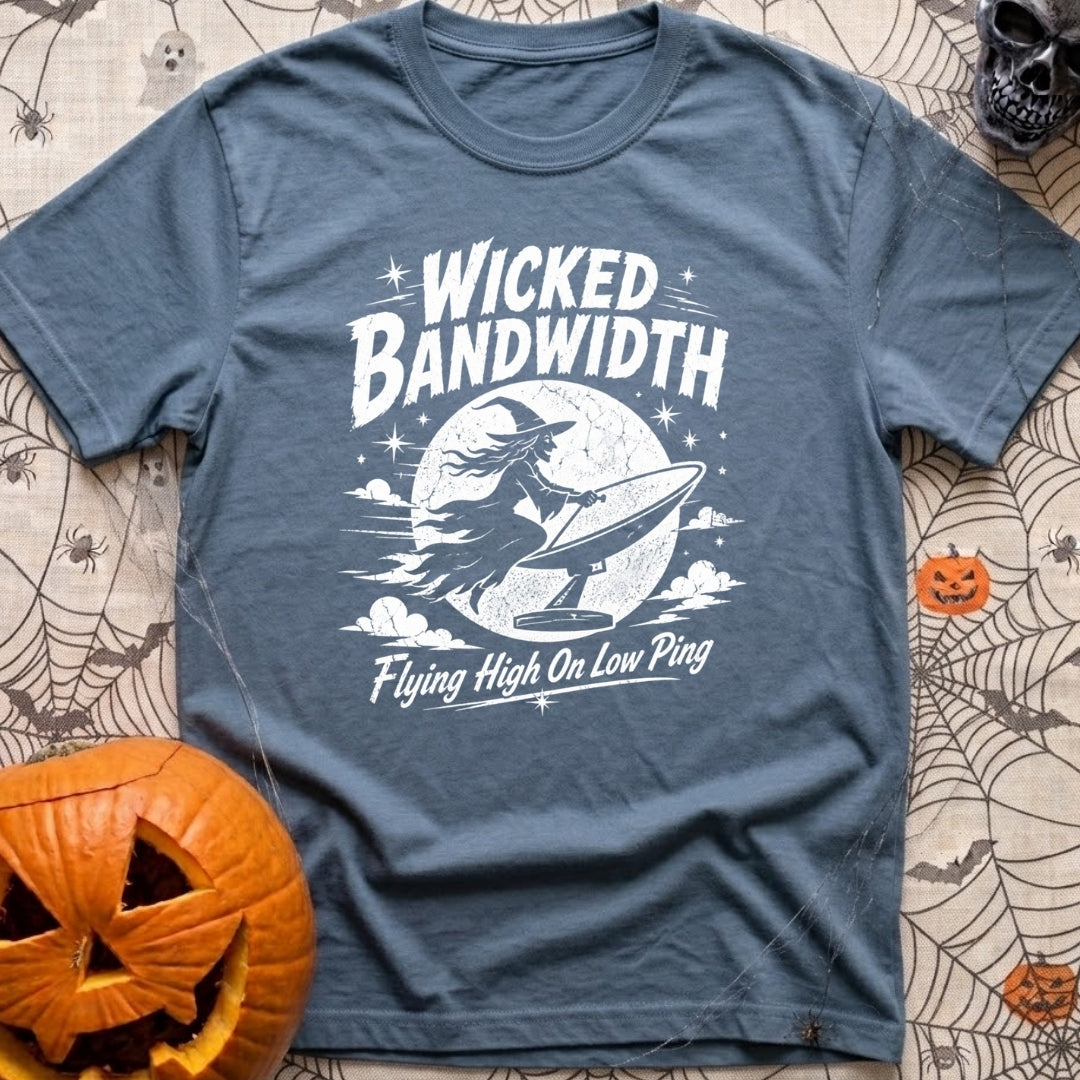 Wicked Good Bandwidth - T-Shirt in Blue Jean - A distressed white graphic featuring a silhouette of a witch flying across...