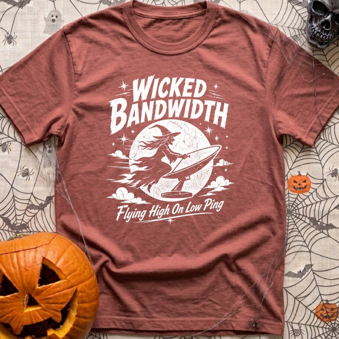 Wicked Good Bandwidth - T-Shirt in Brick - A distressed white graphic featuring a silhouette of a witch flying across a...