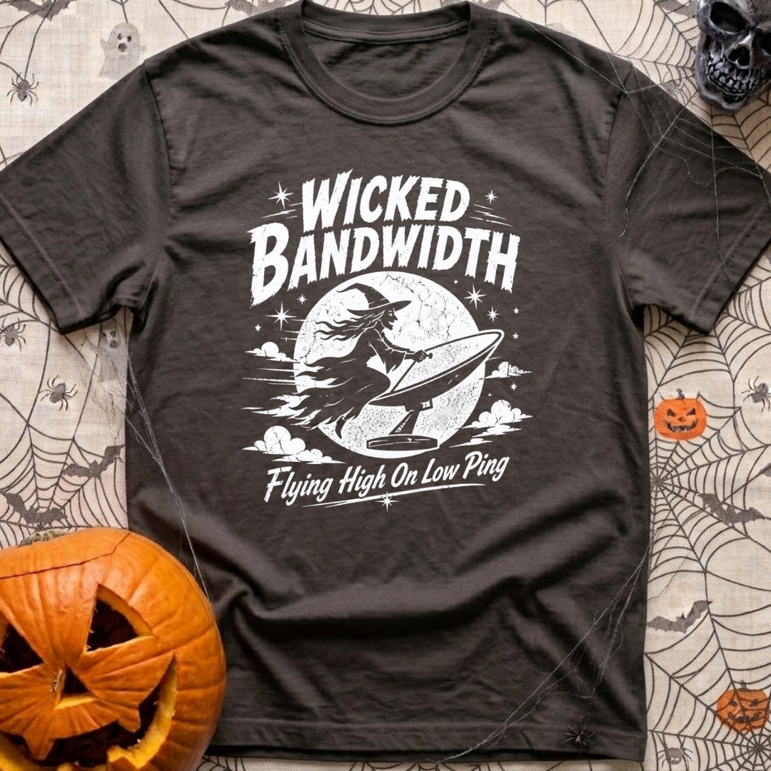 Wicked Good Bandwidth - T-Shirt in Graphite - A distressed white graphic featuring a silhouette of a witch flying across...