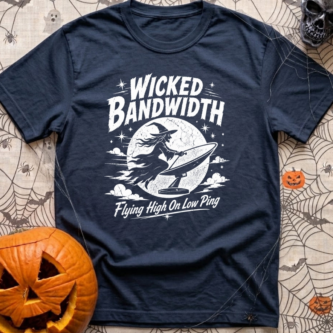 Wicked Good Bandwidth - T-Shirt in Navy - A distressed white graphic featuring a silhouette of a witch flying across a...