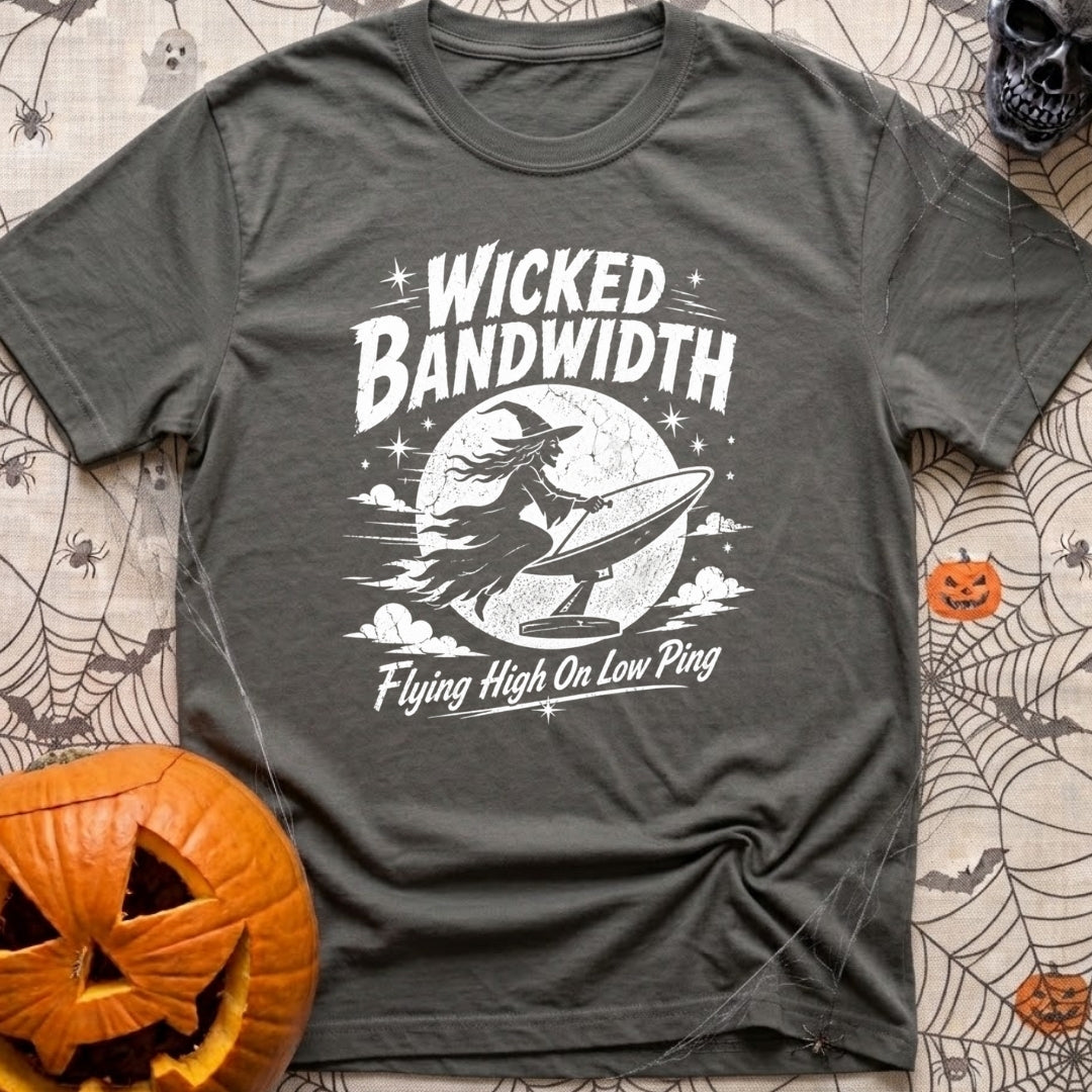 Wicked Good Bandwidth - T-Shirt in Pepper - A distressed white graphic featuring a silhouette of a witch flying across a...
