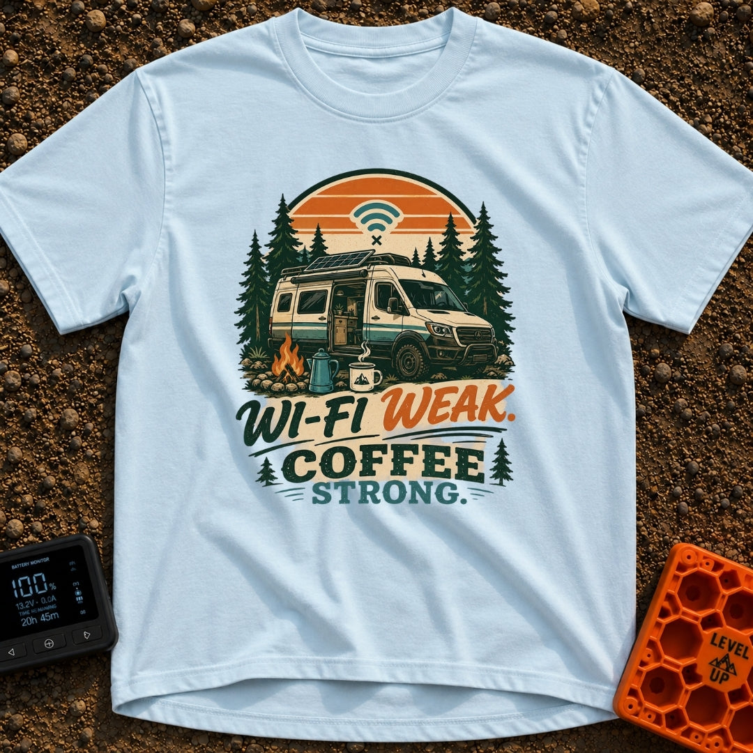 Caffeine Over Connection - T-Shirt in Chambray - An illustration of a camper van with a roof-mounted solar panel parked...
