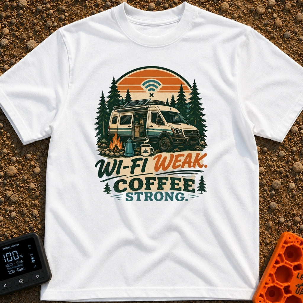 Caffeine Over Connection - T-Shirt in White - An illustration of a camper van with a roof-mounted solar panel parked in a...