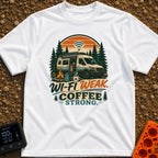 Caffeine Over Connection - T-Shirt in White - An illustration of a camper van with a roof-mounted solar panel parked in a...