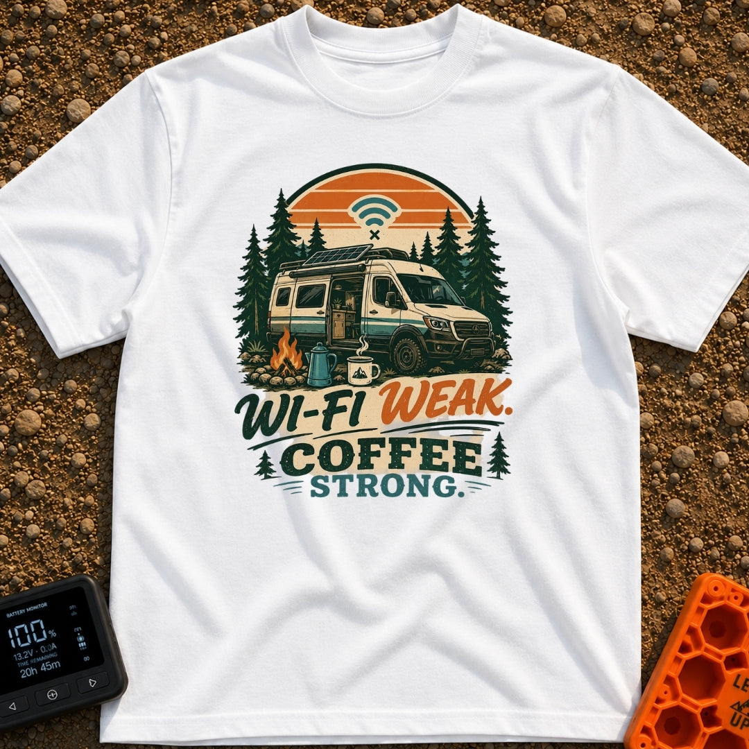 Caffeine Over Connection - T-Shirt in White - An illustration of a camper van with a roof-mounted solar panel parked in a...