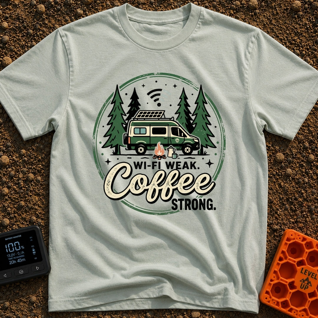 Weak Wifi Strong Brew - T-Shirt in Bay - A circular badge design featuring a green camper van with a roof-mounted solar...
