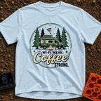 Weak Wifi Strong Brew - T-Shirt in Chambray - A circular badge design featuring a green camper van with a roof-mounted...