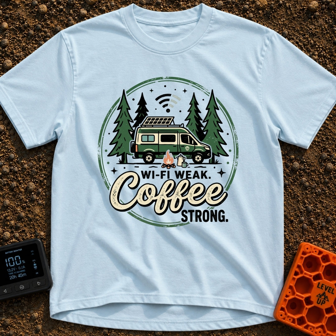 Weak Wifi Strong Brew - T-Shirt in Chambray - A circular badge design featuring a green camper van with a roof-mounted...