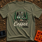 Weak Wifi Strong Brew - T-Shirt in Moss - A circular badge design featuring a green camper van with a roof-mounted solar...
