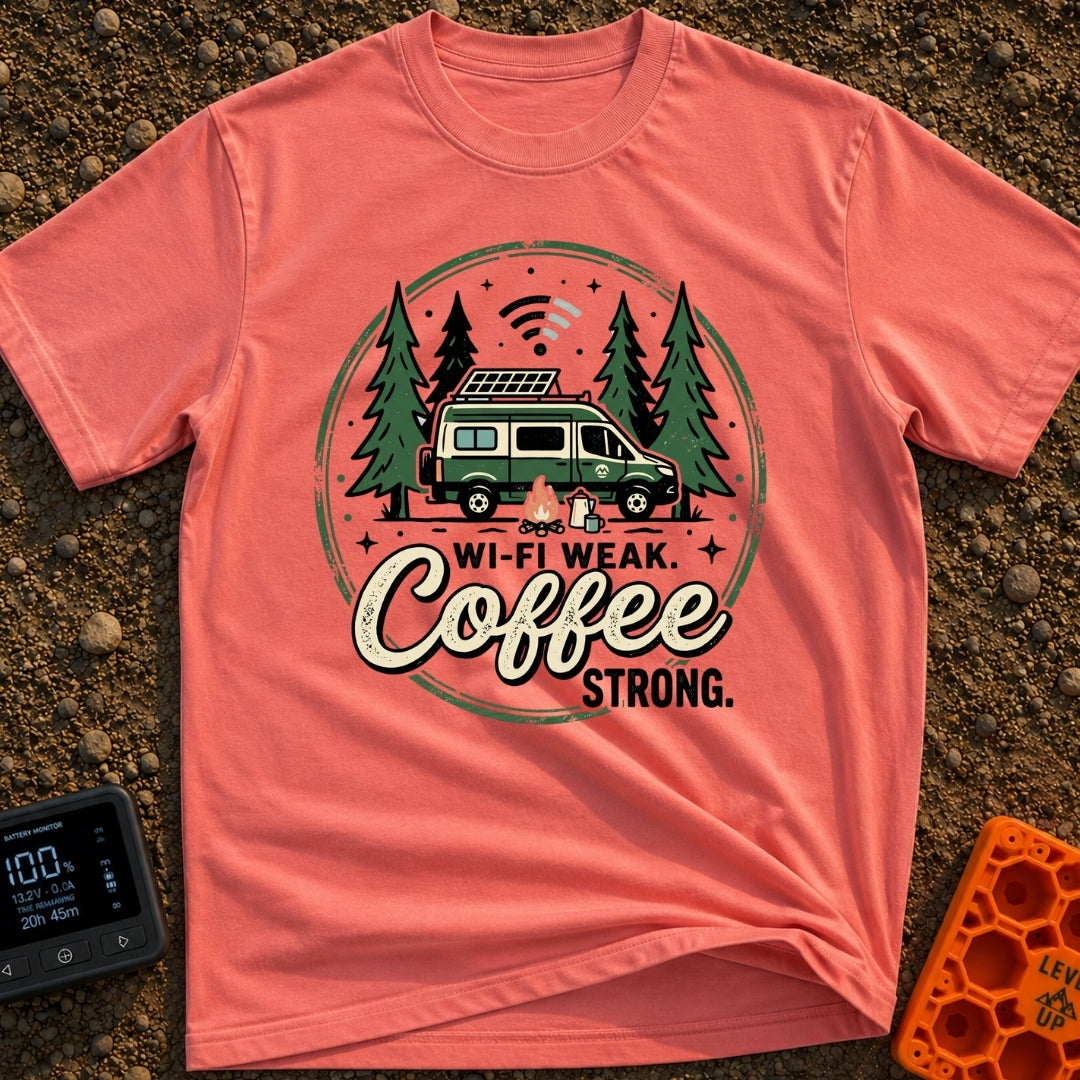 Weak Wifi Strong Brew - T-Shirt in Watermelon - A circular badge design featuring a green camper van with a roof-mounted...