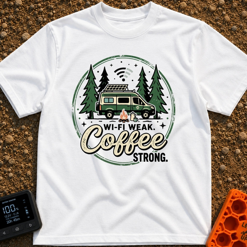 Weak Wifi Strong Brew - T-Shirt in White - A circular badge design featuring a green camper van with a roof-mounted solar...