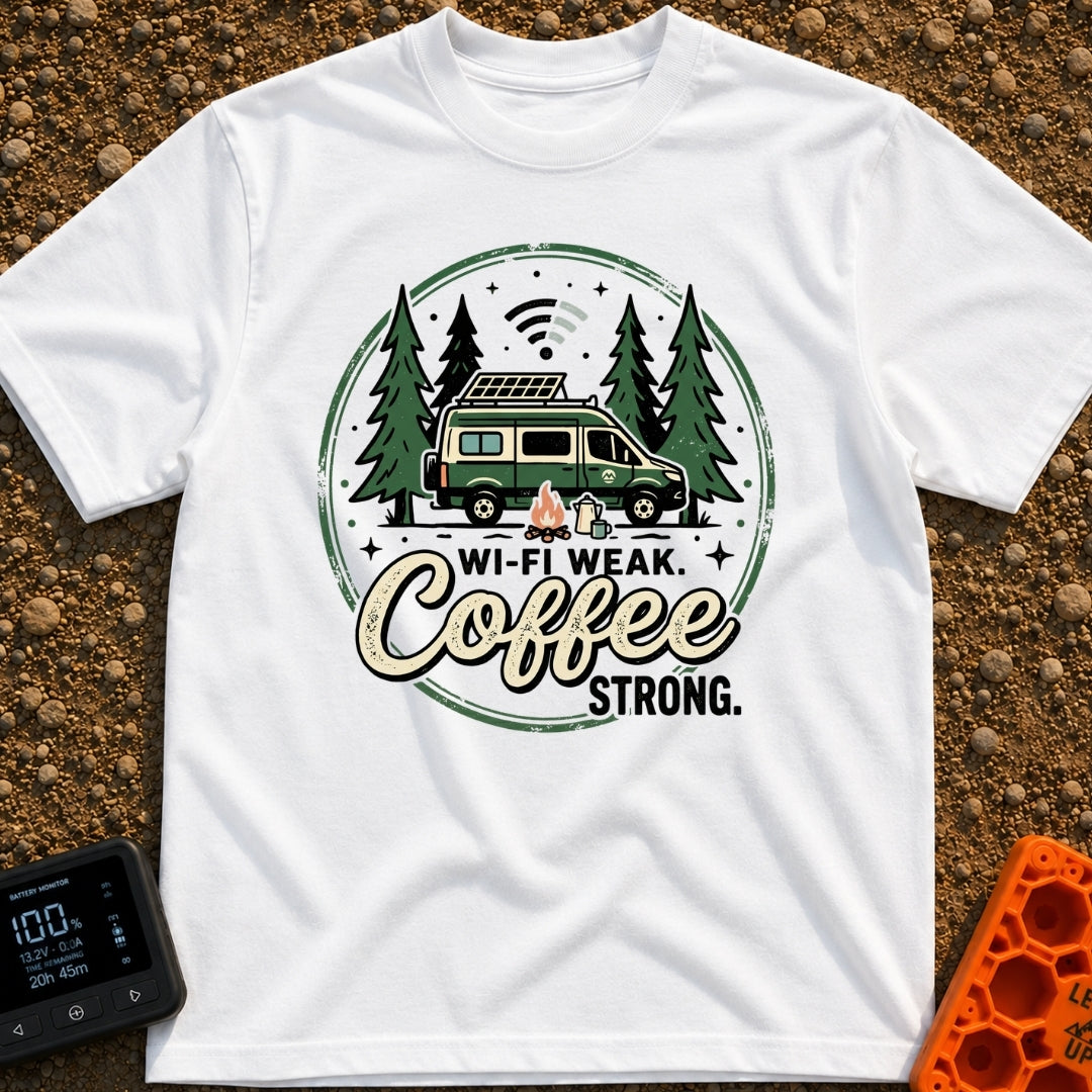 Weak Wifi Strong Brew - T-Shirt in White - A circular badge design featuring a green camper van with a roof-mounted solar...
