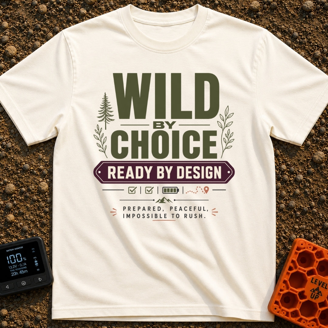 Wild By Design - T-Shirt in Ivory - A typographic design featuring the phrases "Wild By Choice", "Ready By Design", and...