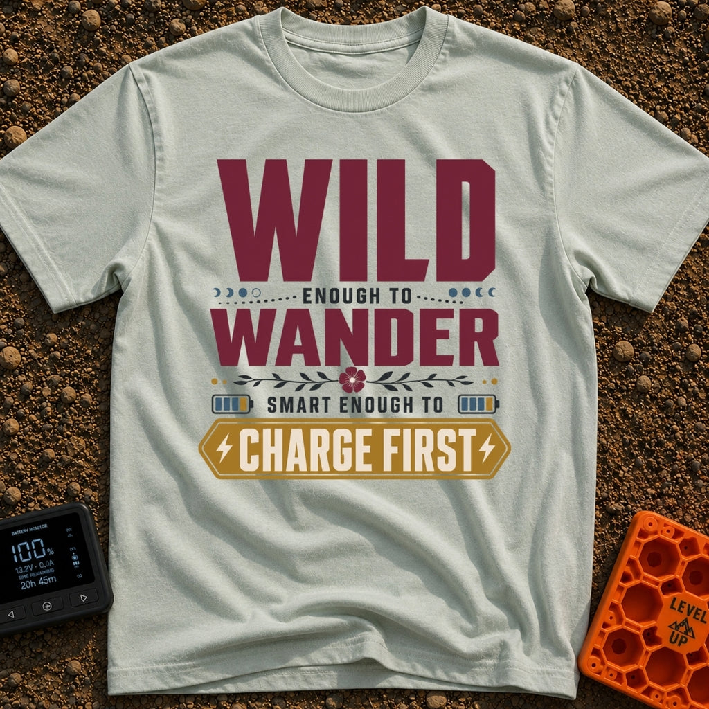 Wander And Charge - T-Shirt in Bay - A typography-based design featuring the phrase "WILD ENOUGH TO WANDER SMART ENOUGH...