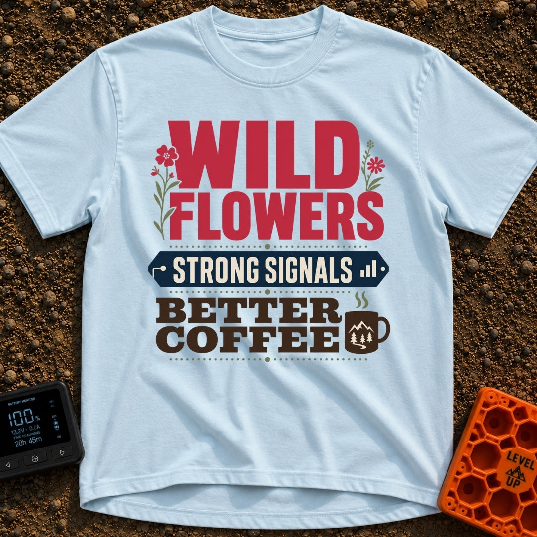 Wild Wired And Brewed - T-Shirt in Chambray - A stacked typographic design featuring the words "WILD FLOWERS" in red with...