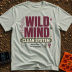 Organized Wild Wanderer - T-Shirt in Bay - The design features the text "WILD MIND" in large burgundy letters and "CLEAN...