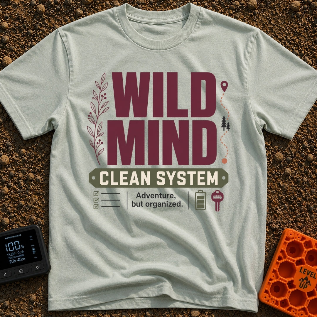 Organized Wild Wanderer - T-Shirt in Bay - The design features the text "WILD MIND" in large burgundy letters and "CLEAN...
