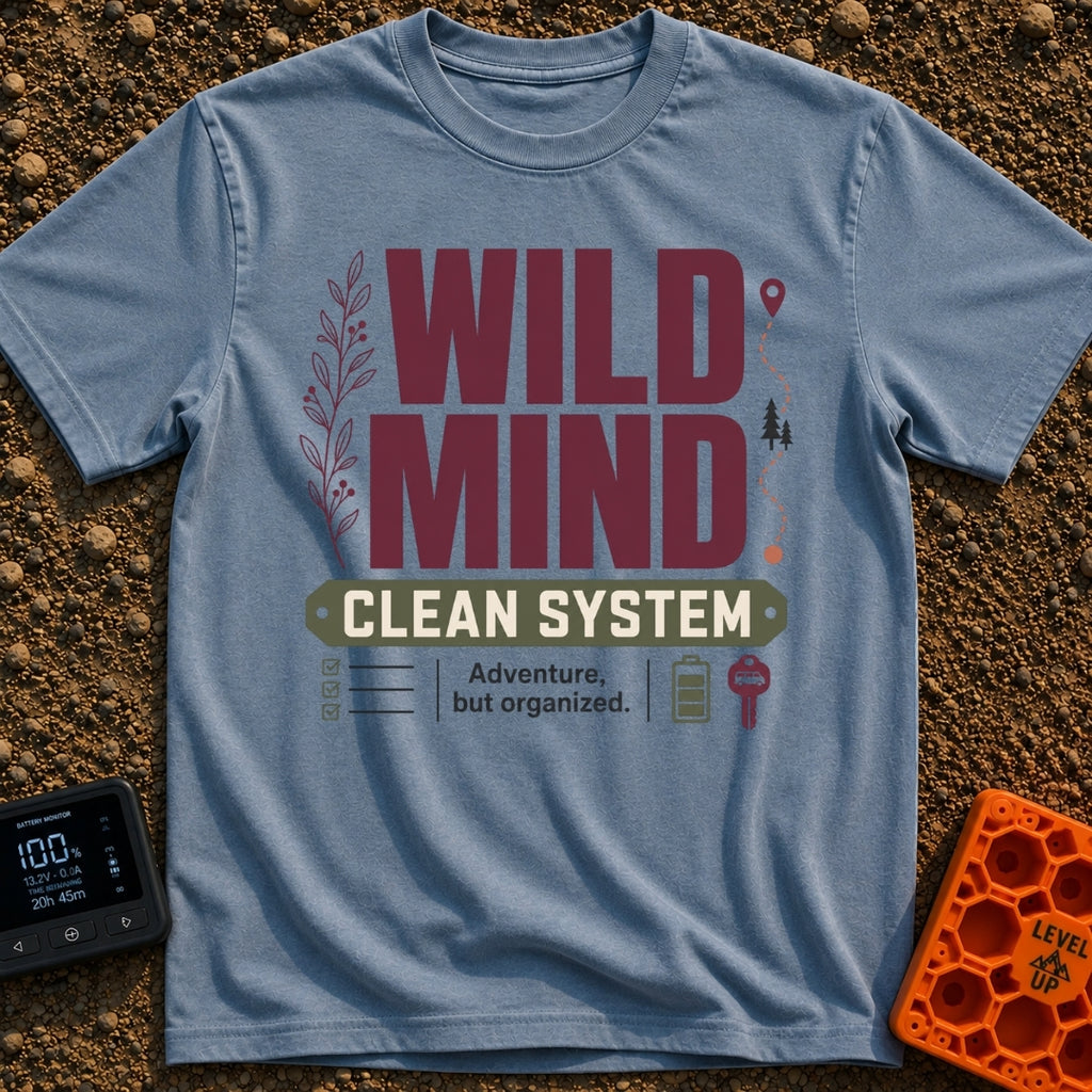 Organized Wild Wanderer - T-Shirt in Blue Jean - The design features the text "WILD MIND" in large burgundy letters and...