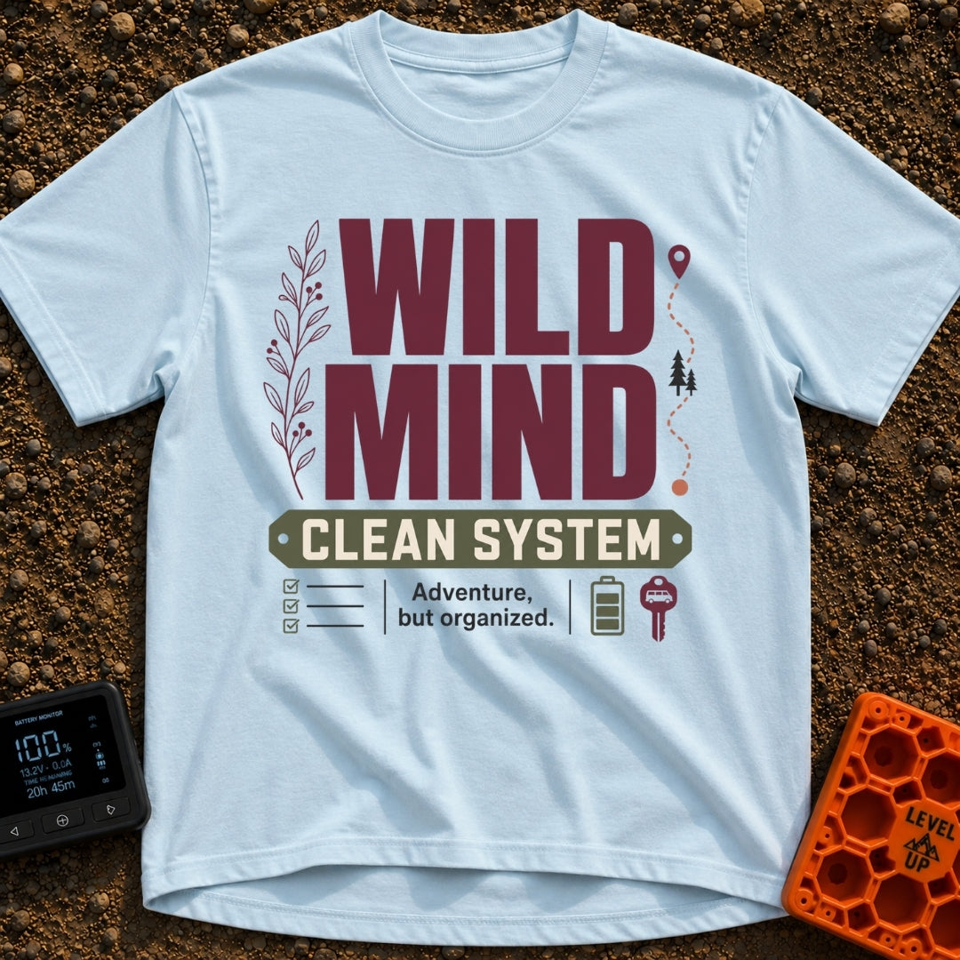 Organized Wild Wanderer - T-Shirt in Chambray - The design features the text "WILD MIND" in large burgundy letters and...