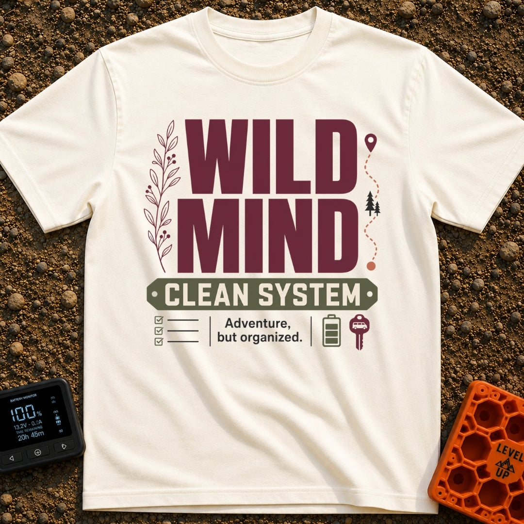 Organized Wild Wanderer - T-Shirt in Ivory - The design features the text "WILD MIND" in large burgundy letters and...