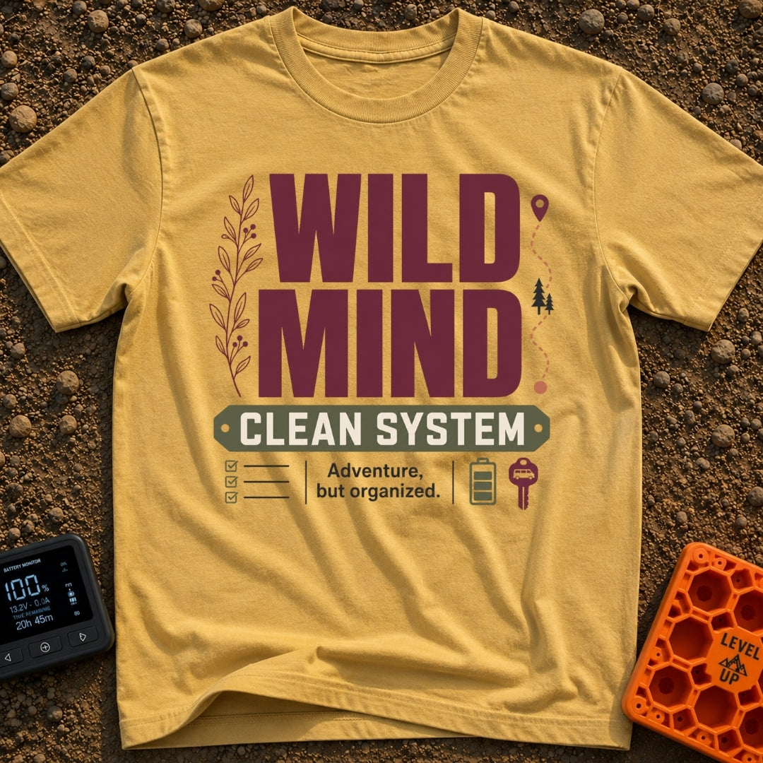 Organized Wild Wanderer - T-Shirt in Mustard - The design features the text "WILD MIND" in large burgundy letters and...
