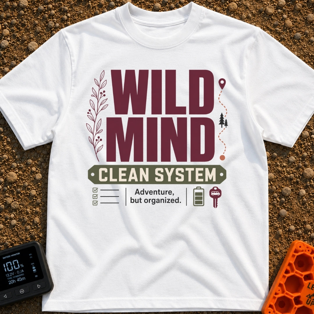 Organized Wild Wanderer - T-Shirt in White - The design features the text "WILD MIND" in large burgundy letters and...