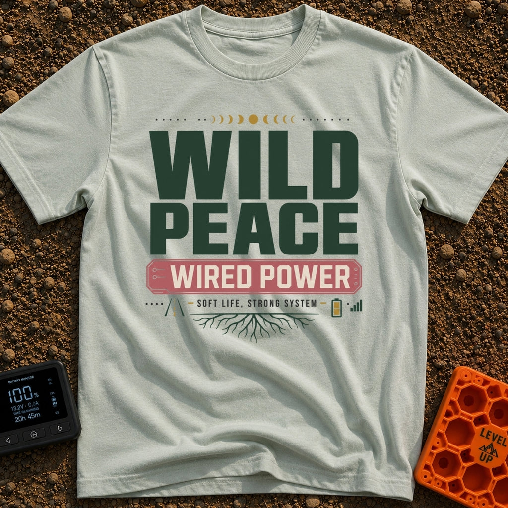 Wild and Wired - T-Shirt in Bay - A typographic design featuring the words "WILD PEACE" in large green text above a red...