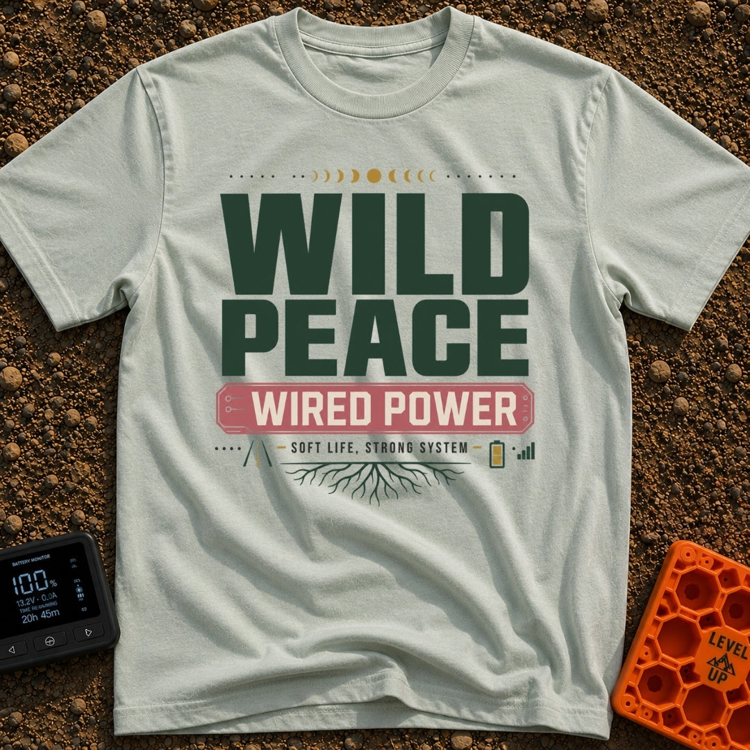 Wild and Wired - T-Shirt in Bay - A typographic design featuring the words "WILD PEACE" in large green text above a red...