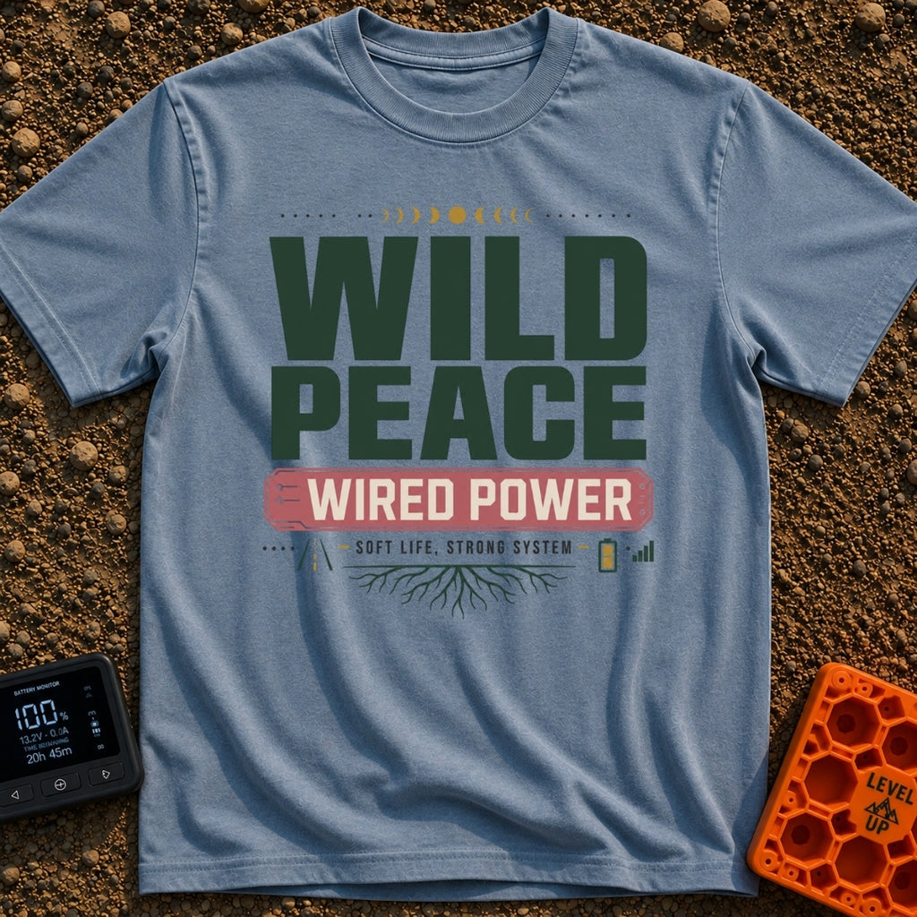 Wild and Wired - T-Shirt in Blue Jean - A typographic design featuring the words "WILD PEACE" in large green text above a...
