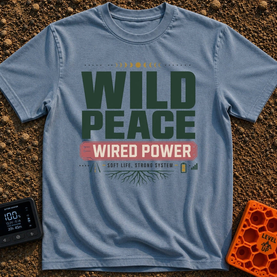 Wild and Wired - T-Shirt in Blue Jean - A typographic design featuring the words "WILD PEACE" in large green text above a...
