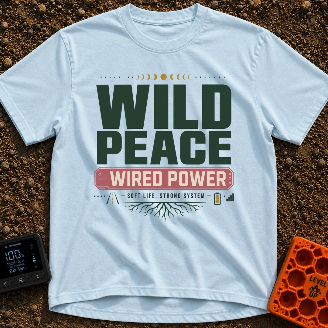Wild and Wired - T-Shirt in Chambray - A typographic design featuring the words "WILD PEACE" in large green text above a...