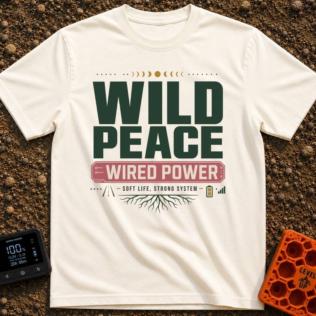 Wild and Wired - T-Shirt in Ivory - A typographic design featuring the words "WILD PEACE" in large green text above a red...