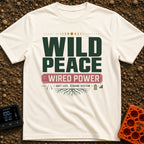 Wild and Wired - T-Shirt in Ivory - A typographic design featuring the words "WILD PEACE" in large green text above a red...
