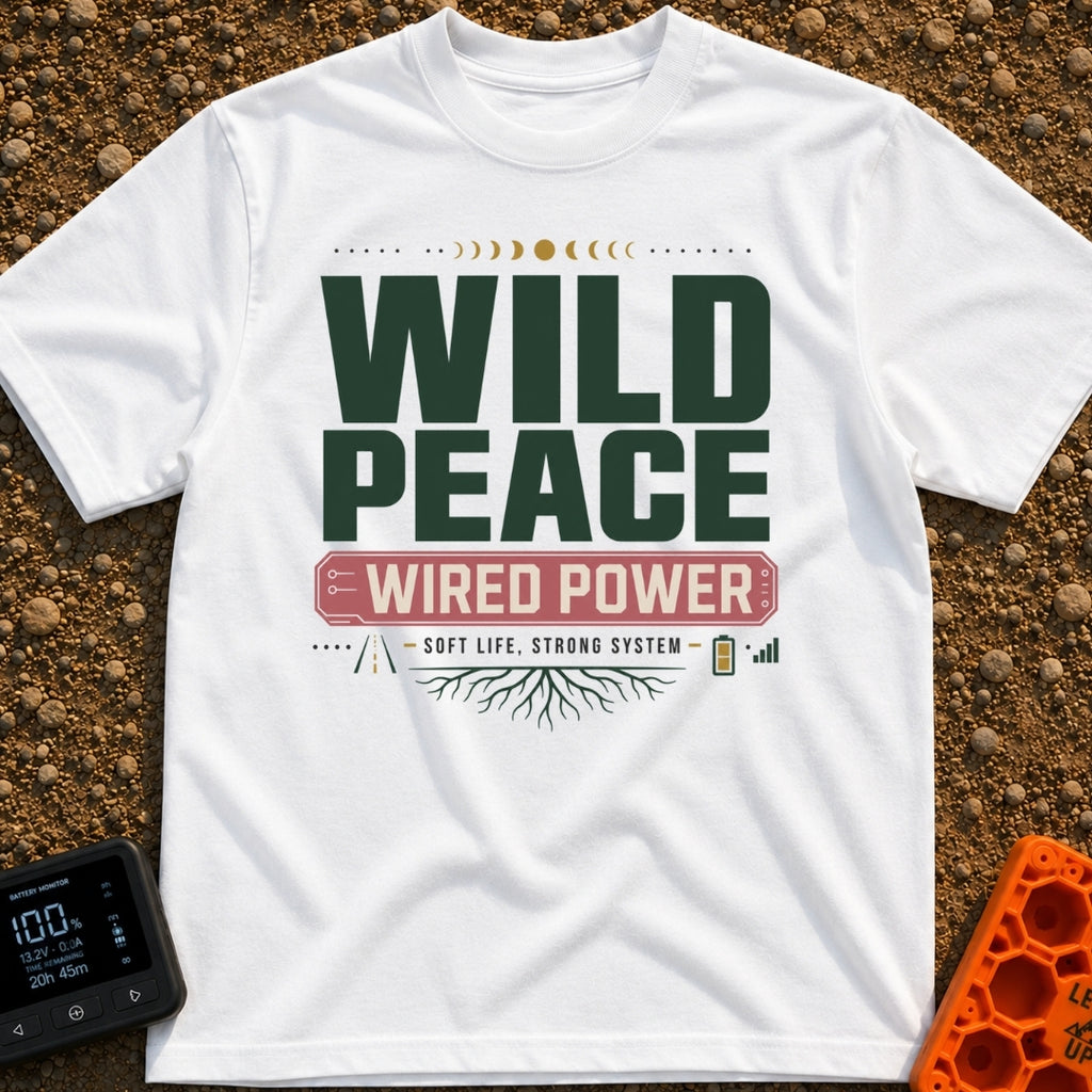 Wild and Wired - T-Shirt in White - A typographic design featuring the words "WILD PEACE" in large green text above a red...