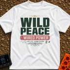 Wild and Wired - T-Shirt in White - A typographic design featuring the words "WILD PEACE" in large green text above a red...