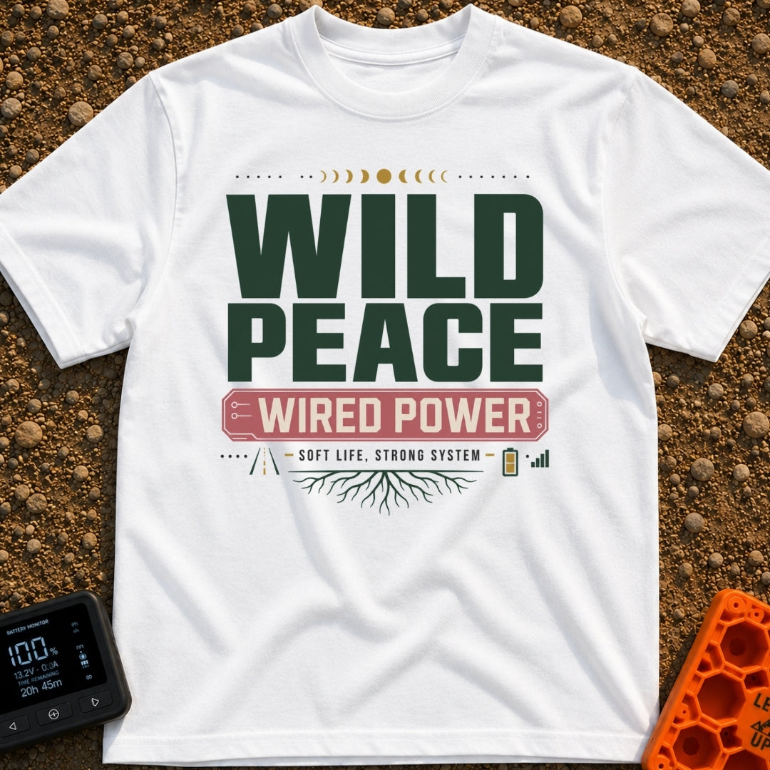 Wild and Wired - T-Shirt in White - A typographic design featuring the words "WILD PEACE" in large green text above a red...