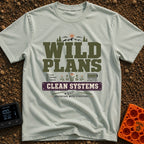 Wild Plans Clean Watts - T-Shirt in Bay - A typographic design with the text "WILD PLANS" and "CLEAN SYSTEMS" alongside...