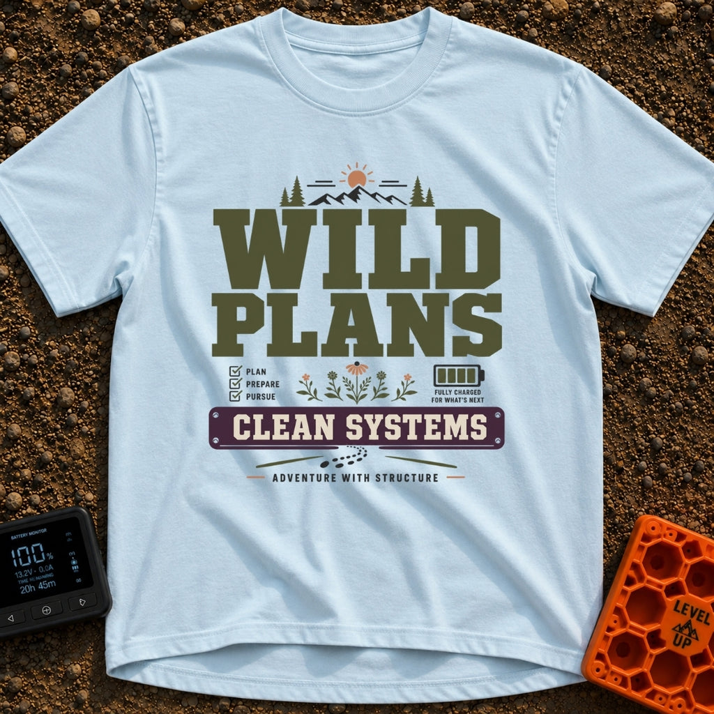 Wild Plans Clean Watts - T-Shirt in Chambray - A typographic design with the text "WILD PLANS" and "CLEAN SYSTEMS"...