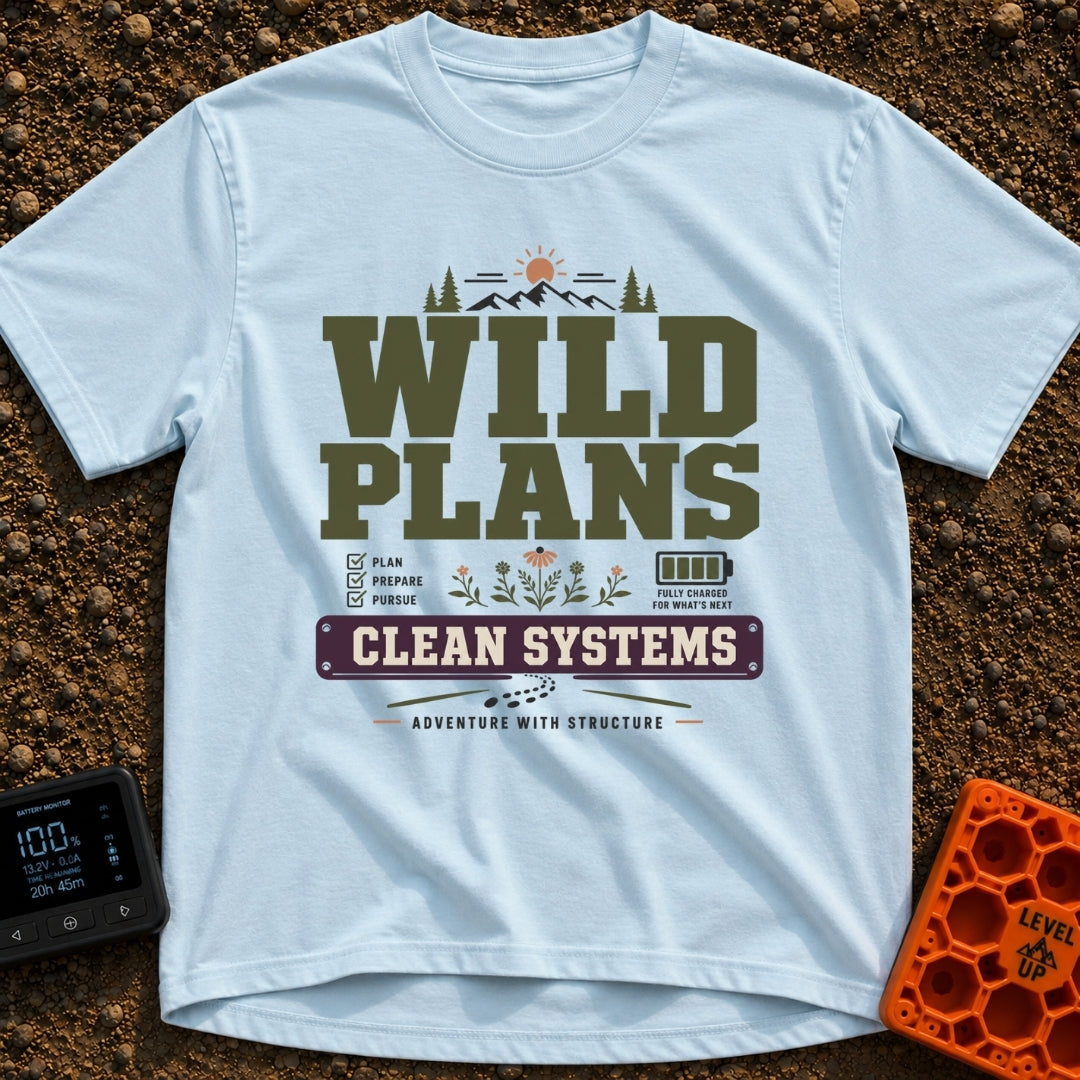 Wild Plans Clean Watts - T-Shirt in Chambray - A typographic design with the text "WILD PLANS" and "CLEAN SYSTEMS"...