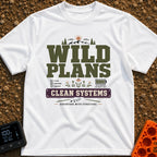 Wild Plans Clean Watts - T-Shirt in White - A typographic design with the text "WILD PLANS" and "CLEAN SYSTEMS" alongside...