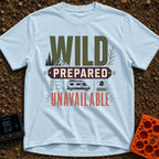 Wildly Prepared And Offline - T-Shirt in Chambray - A typographic design reading "WILD PREPARED UNAVAILABLE" featuring...