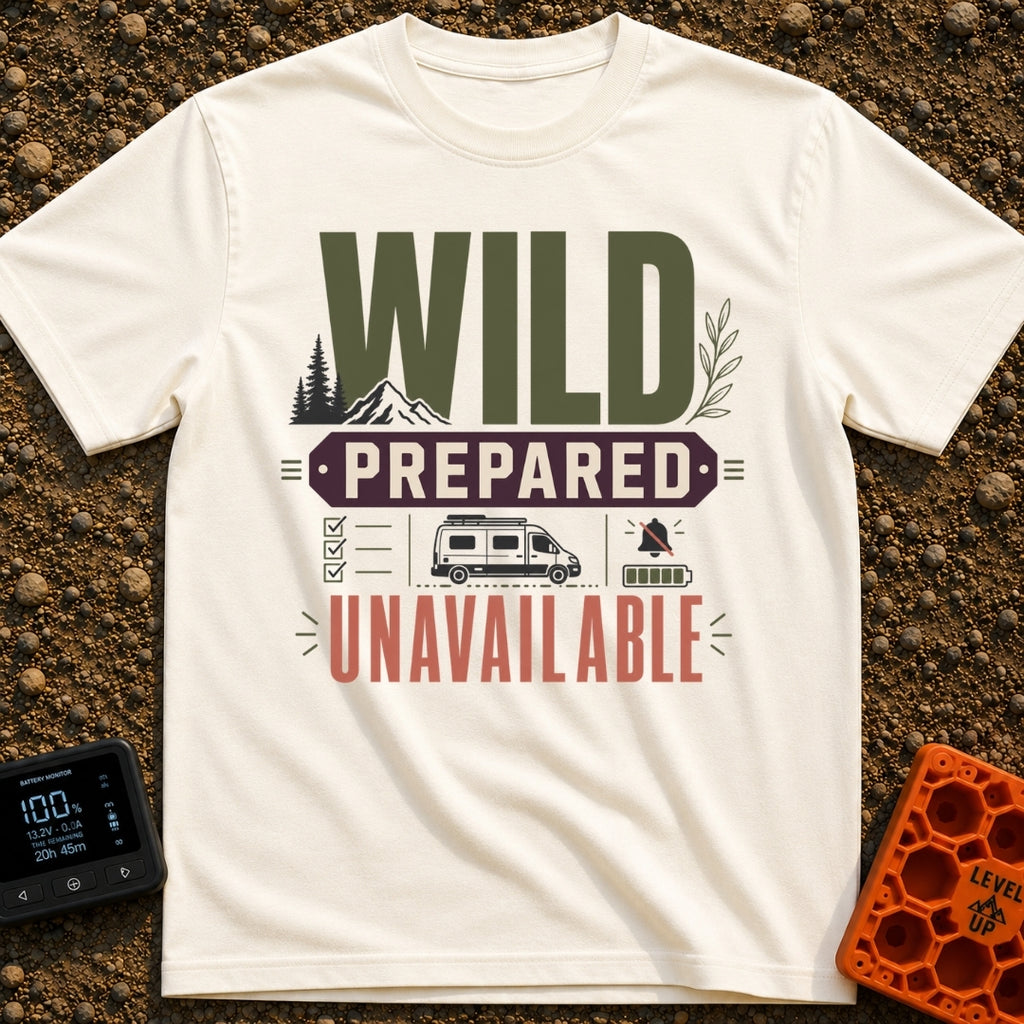 Wildly Prepared And Offline - T-Shirt in Ivory - A typographic design reading "WILD PREPARED UNAVAILABLE" featuring...