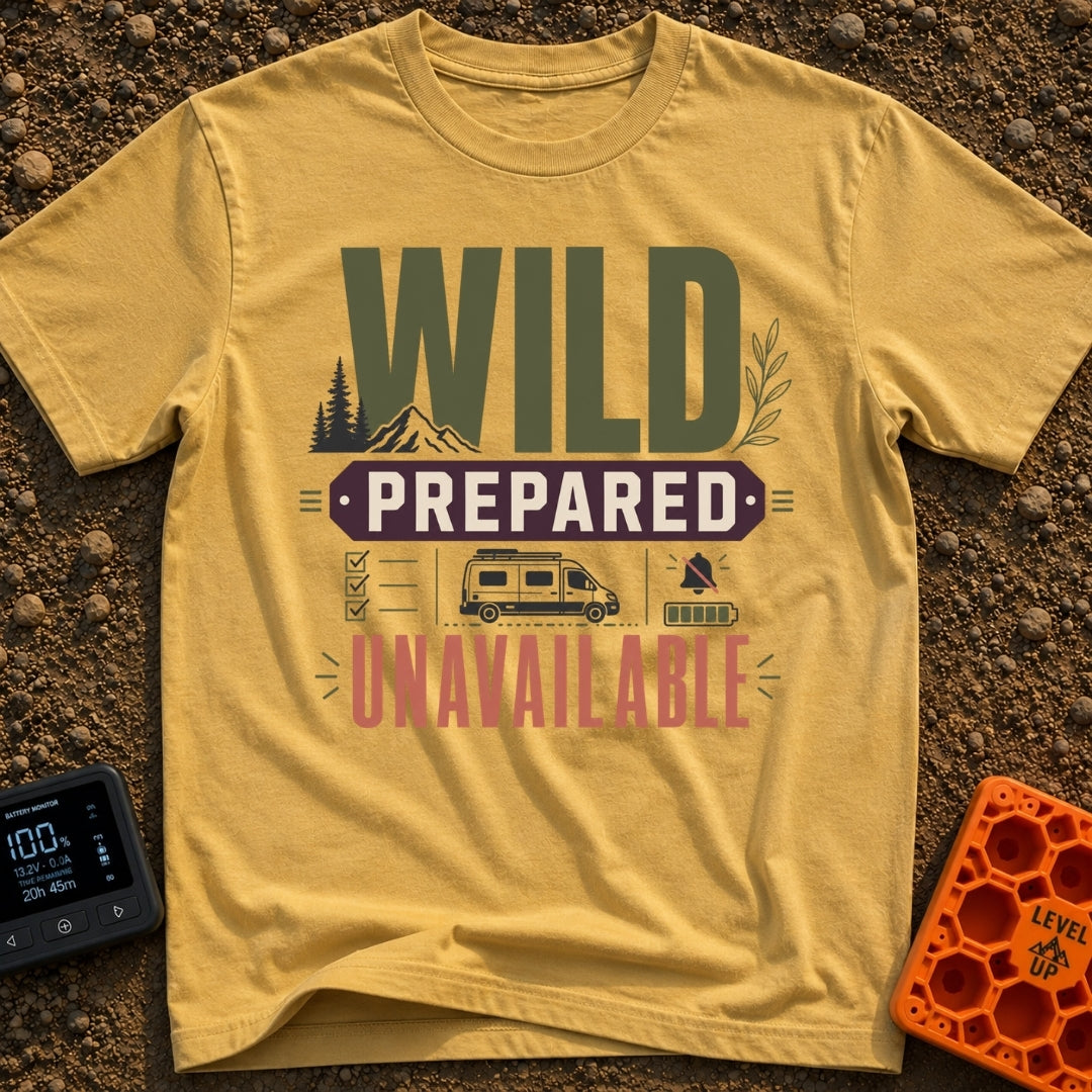 Wildly Prepared And Offline - T-Shirt in Mustard - A typographic design reading "WILD PREPARED UNAVAILABLE" featuring...